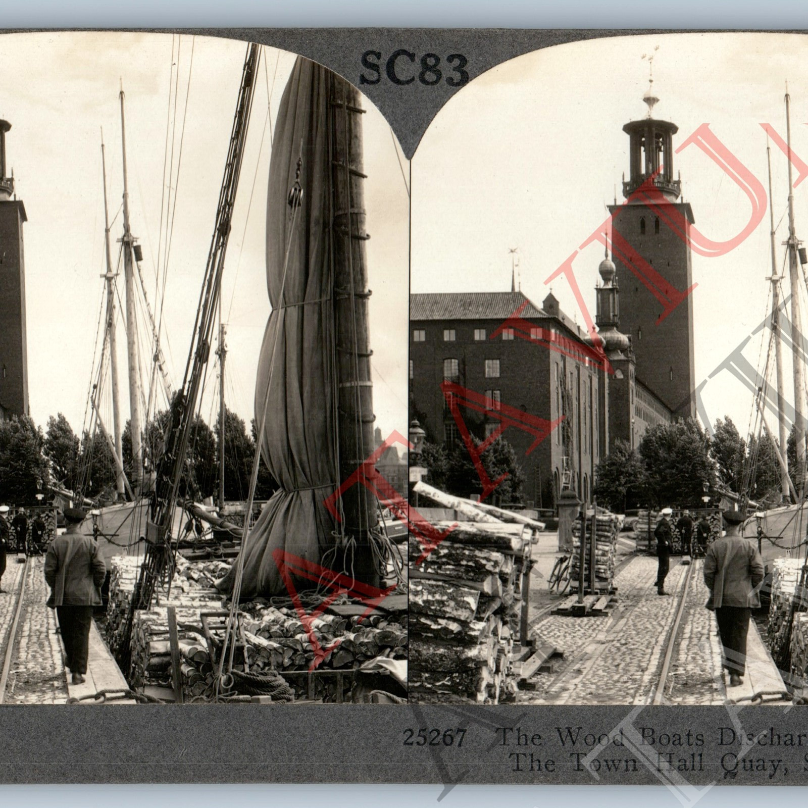 c1910s Stockholm Sweden Town Hall Quay Ship Boat Cargo Real Photo Stereoview V45