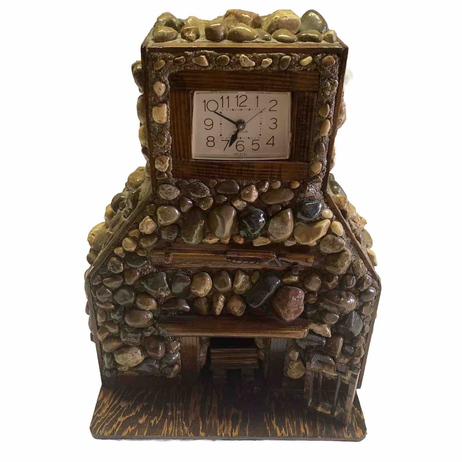Vintage Large Quartz Mantel/Shelf Clock Fireplace Shape Wood & Stone 16”H 14”W