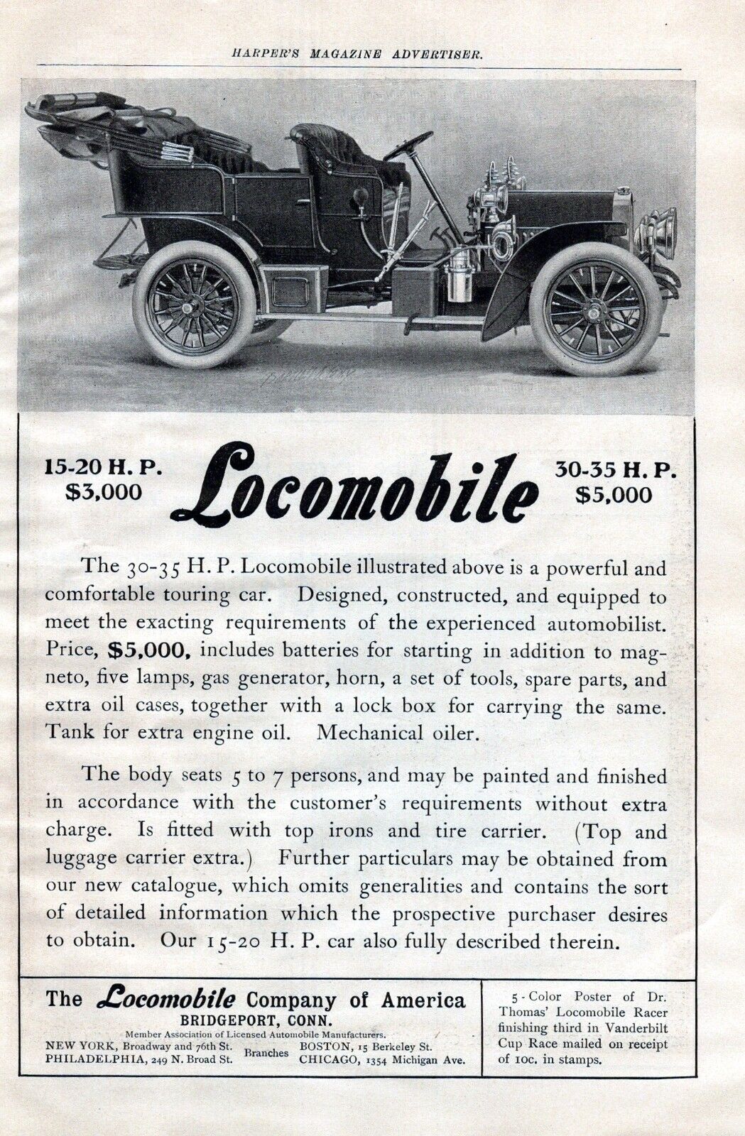 1906 Locomobile Harper\'s Magazine Ad 30-35 HP Touring Car Automobile Antique AD