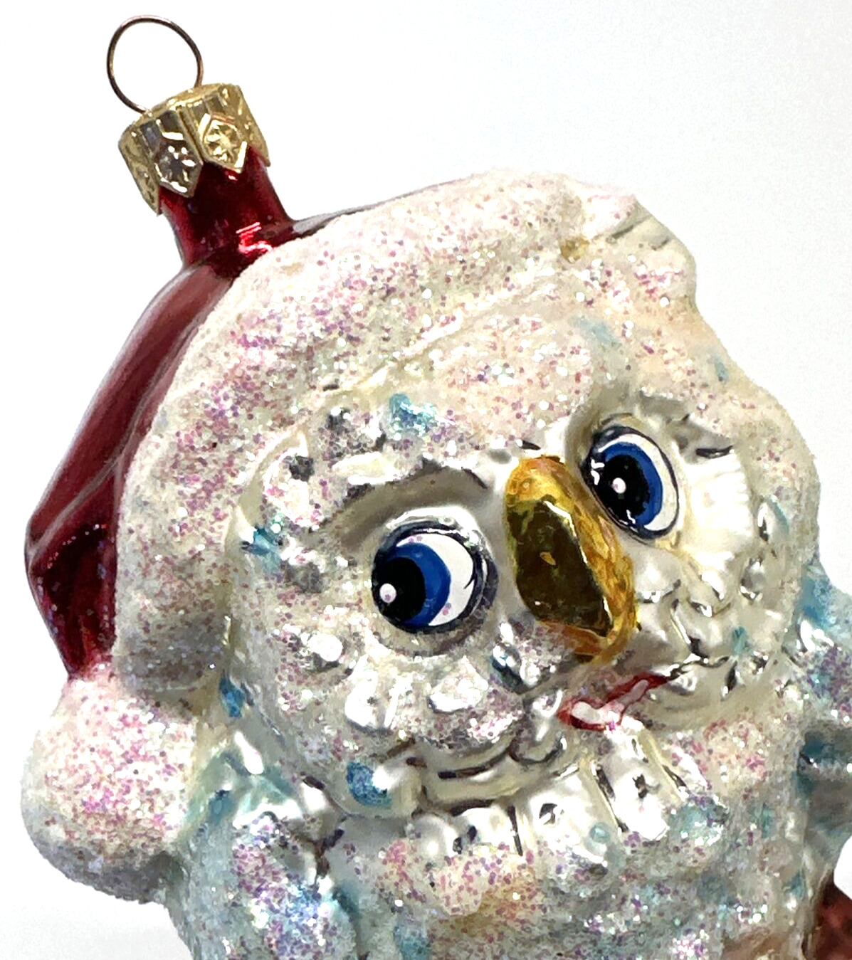Cute VTG Radko Glass White Owl Christmas Ornament with Red Santa Hat on Branch