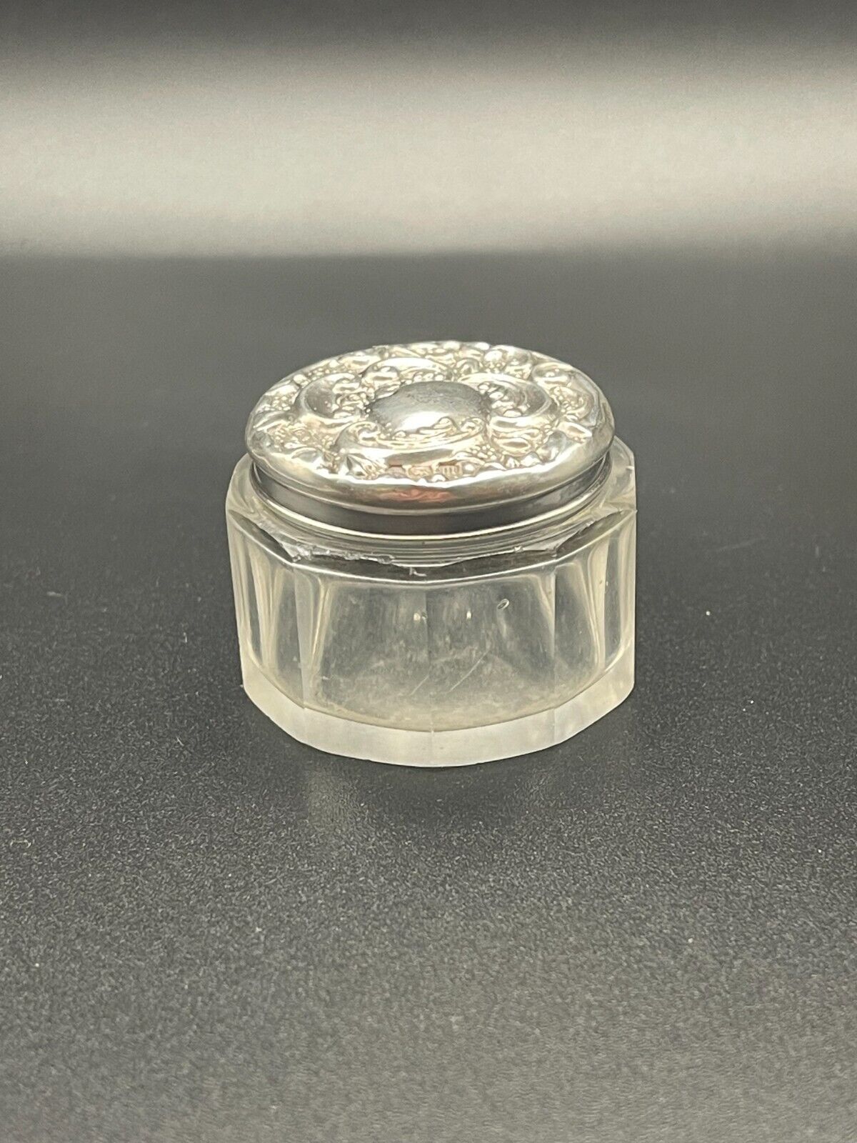 Antique 1911 Birmingham Sterling Silver Top Vanity Glass Jar, Edwardian Elegance