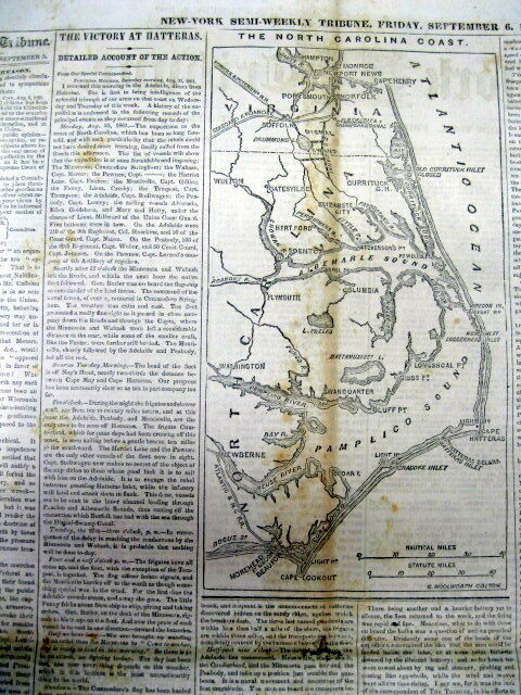 1861 newspaper with Large Detailed MAP of the Atlantic Coast of NORTH CAROLINA