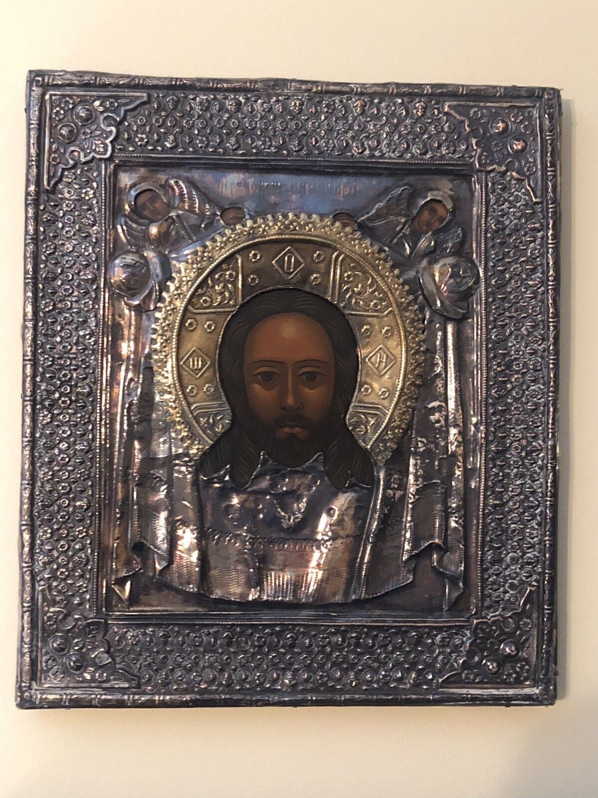 russian orthodox icon antique . Holy Face With Metal (silver?) Riza. XIX Century