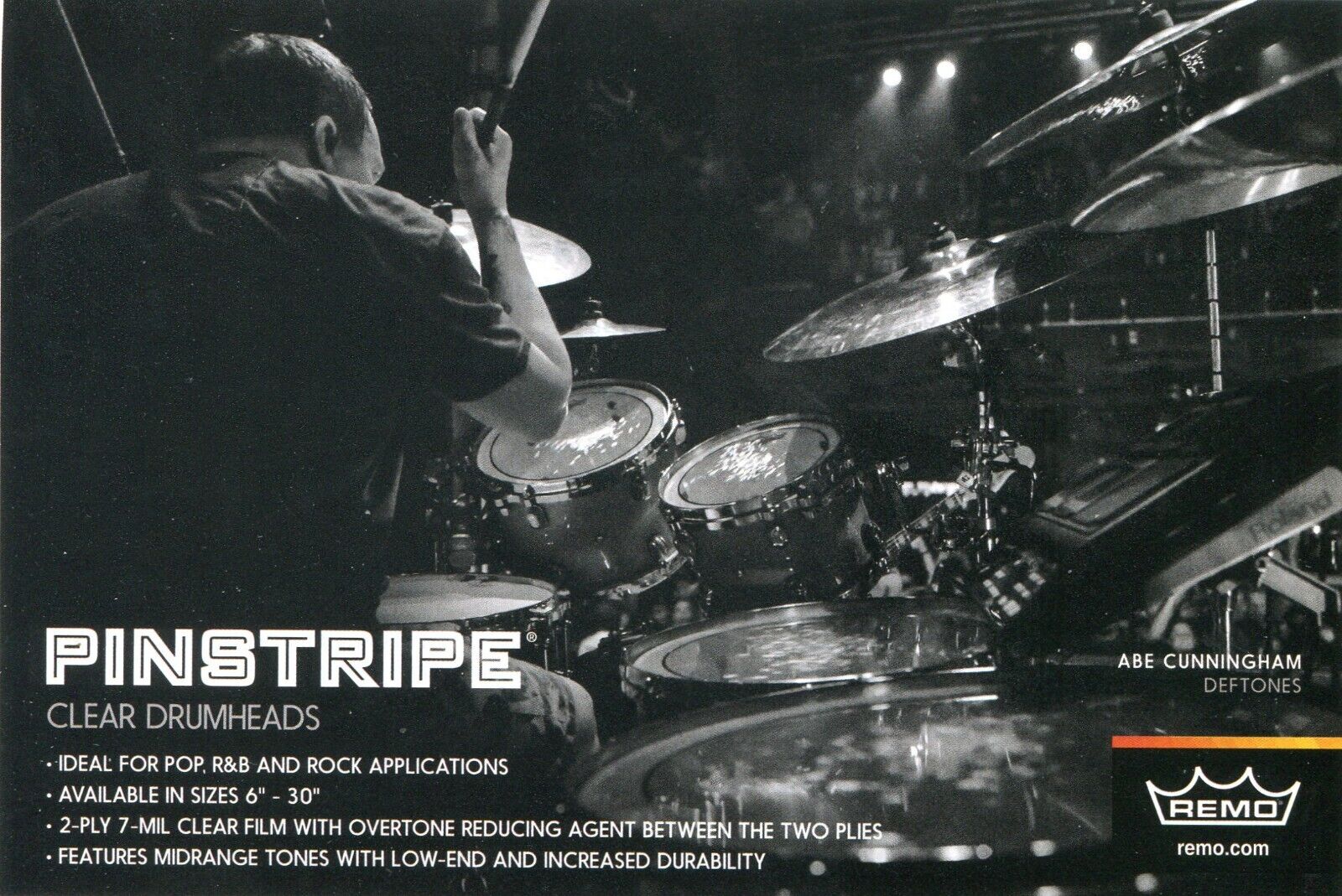 2016 small Print Ad of Remo Pinstripe Clear Drumheads w Abe Cunningham Deftones