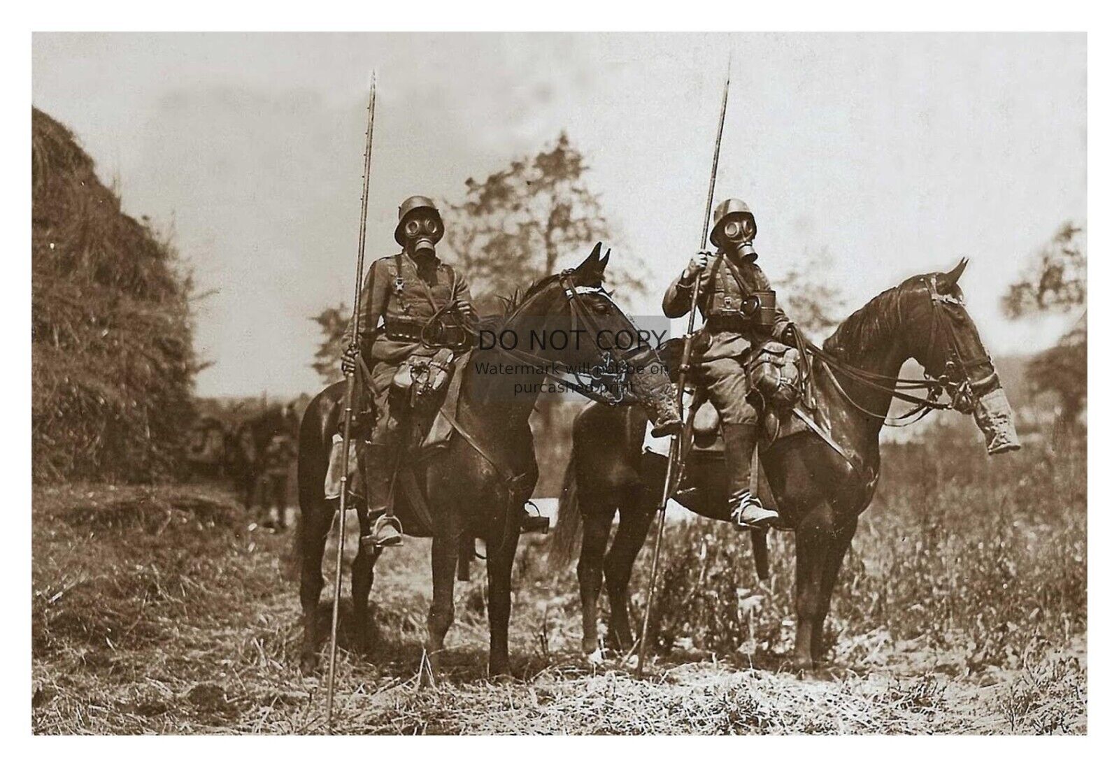GERMAN CALVALRY SOLDIERS PATROLING WITH GAS MASKS AND LANCES WW1 4X6 PHOTO