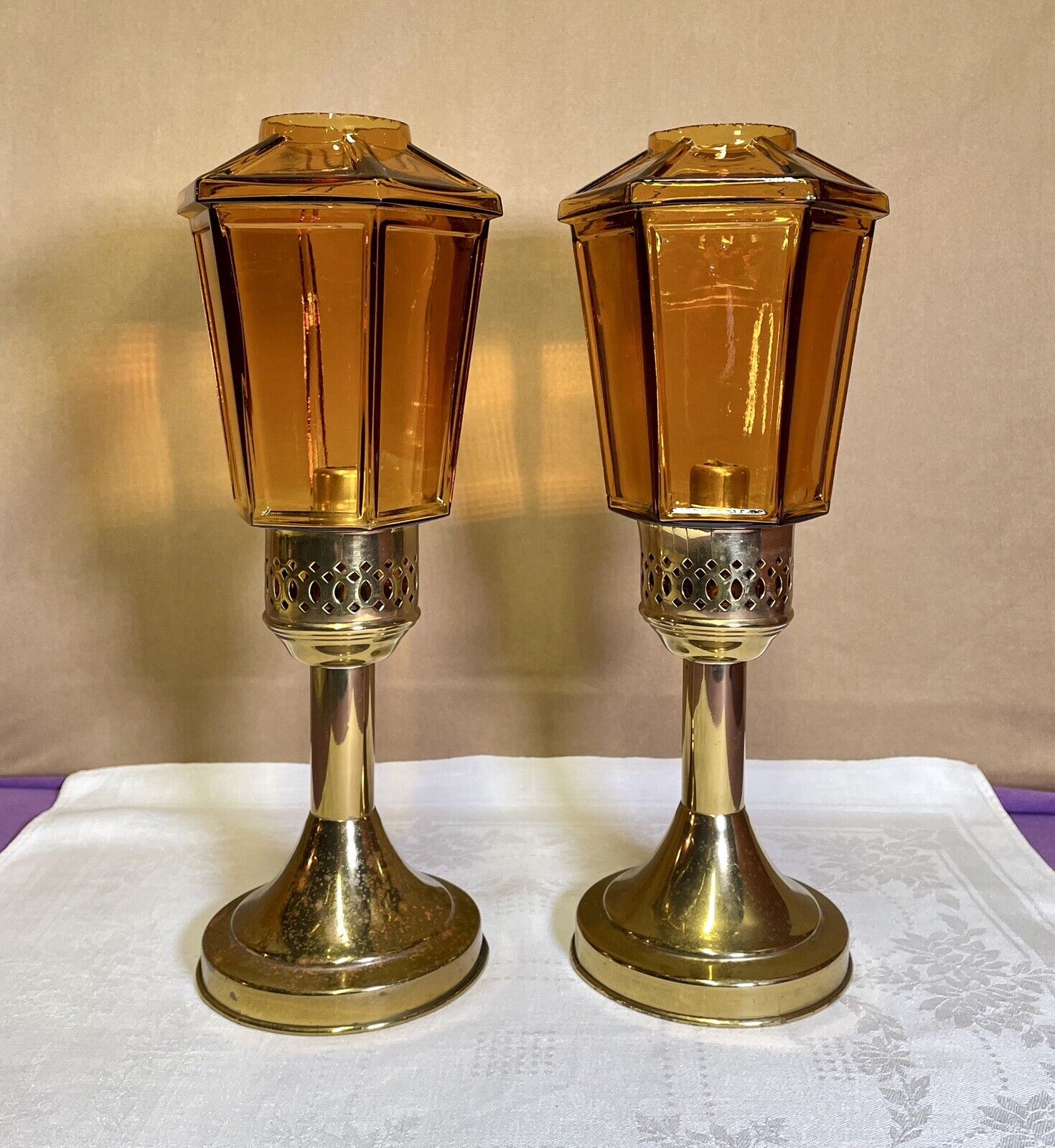 Vintage 60s Spring-Loaded Brass Altar Candleholdrs Amber Shade SouthSide Chicago