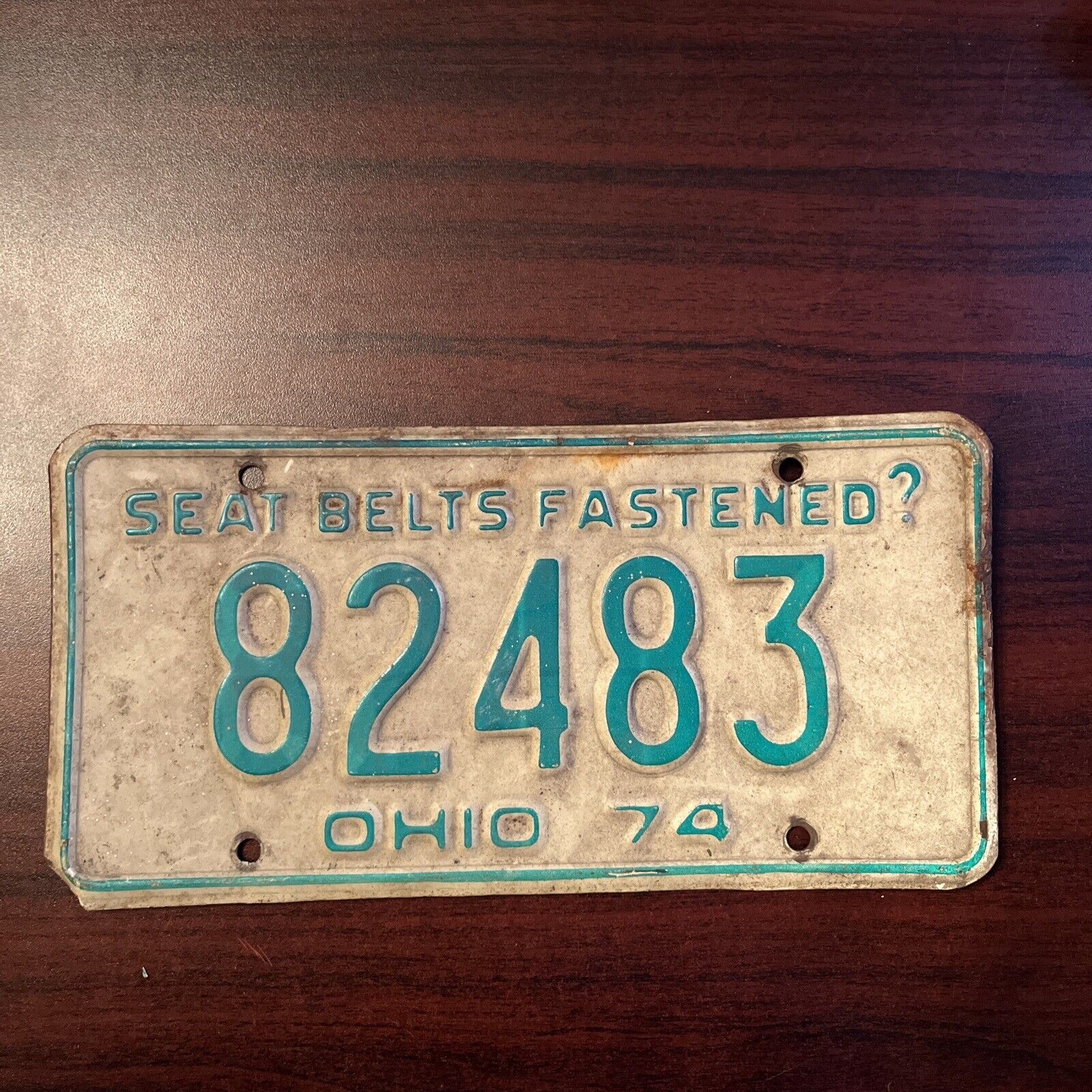 1974 Ohio License Plate “Seat Belts Fastened?” 82483