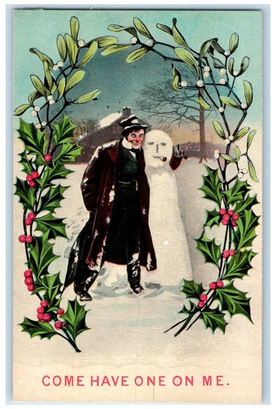 c1910's Drunk Man And Snowman Pipe Holly Berries Mistletoe Bamforth Postcard