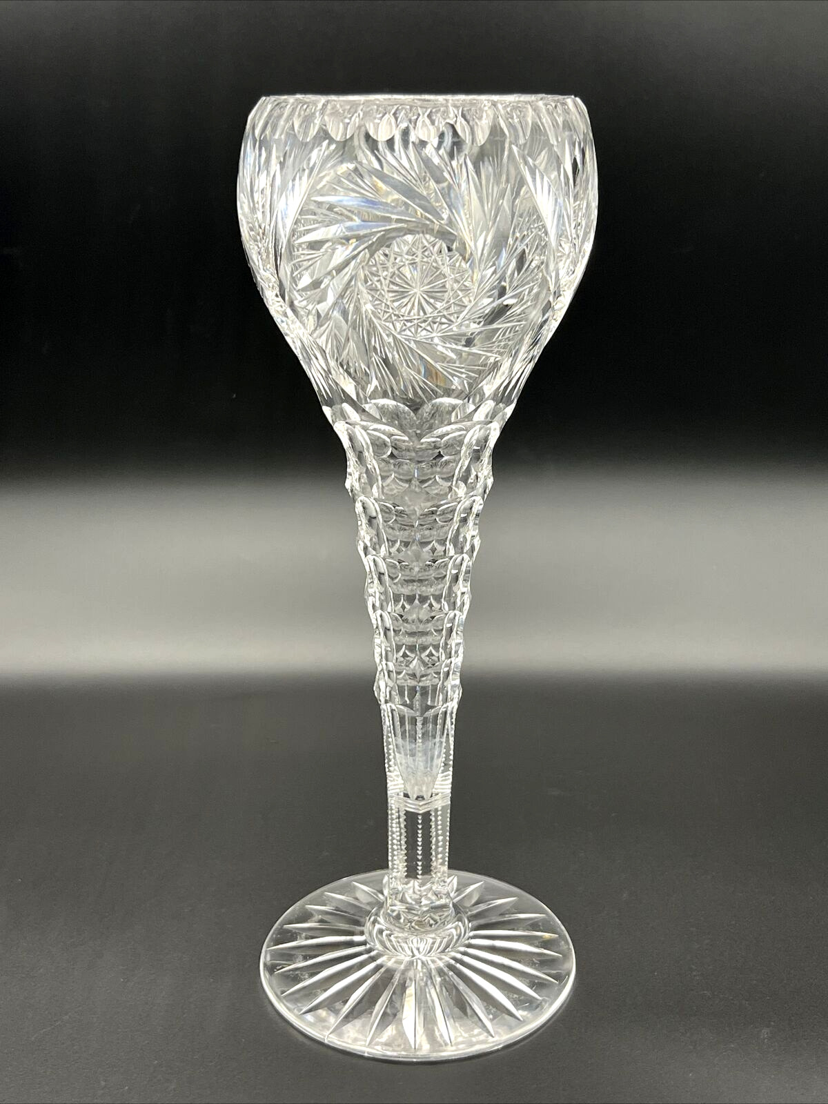 Vintage Cut Glass Crystal 11 5/8” Chalice Tulip Vase w/ Cut Stem