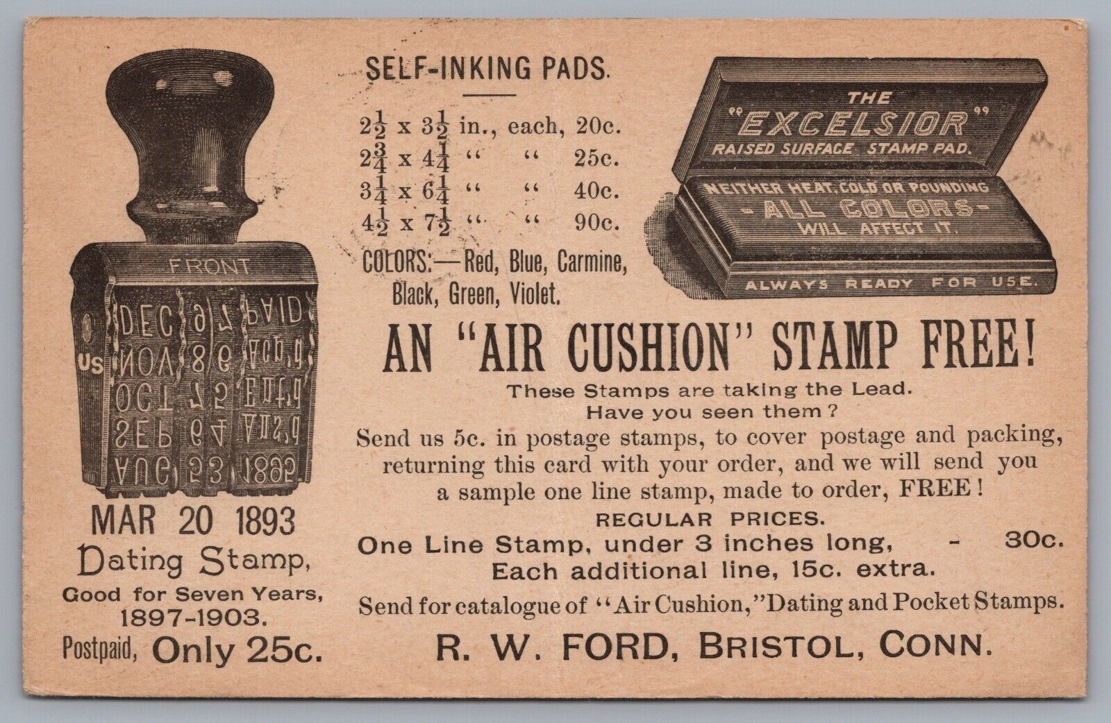 Free Air Cushion Date Stamp Excelsior Self-Inking Pad Advertising Postcard