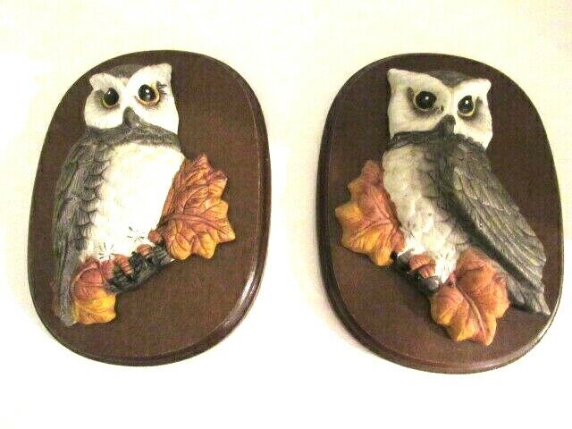 Vintage PAIR Ceramic Wall Hanging D3 Owl Standing on Perch Wood Mounted