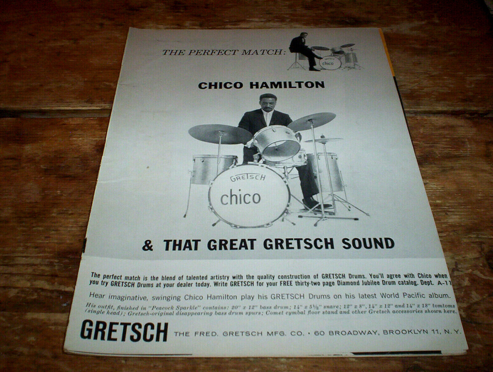 CHICO HAMILTON ( GRETSCH DRUMS ) Original 1962 U.S. Vintage magazine Ad NM