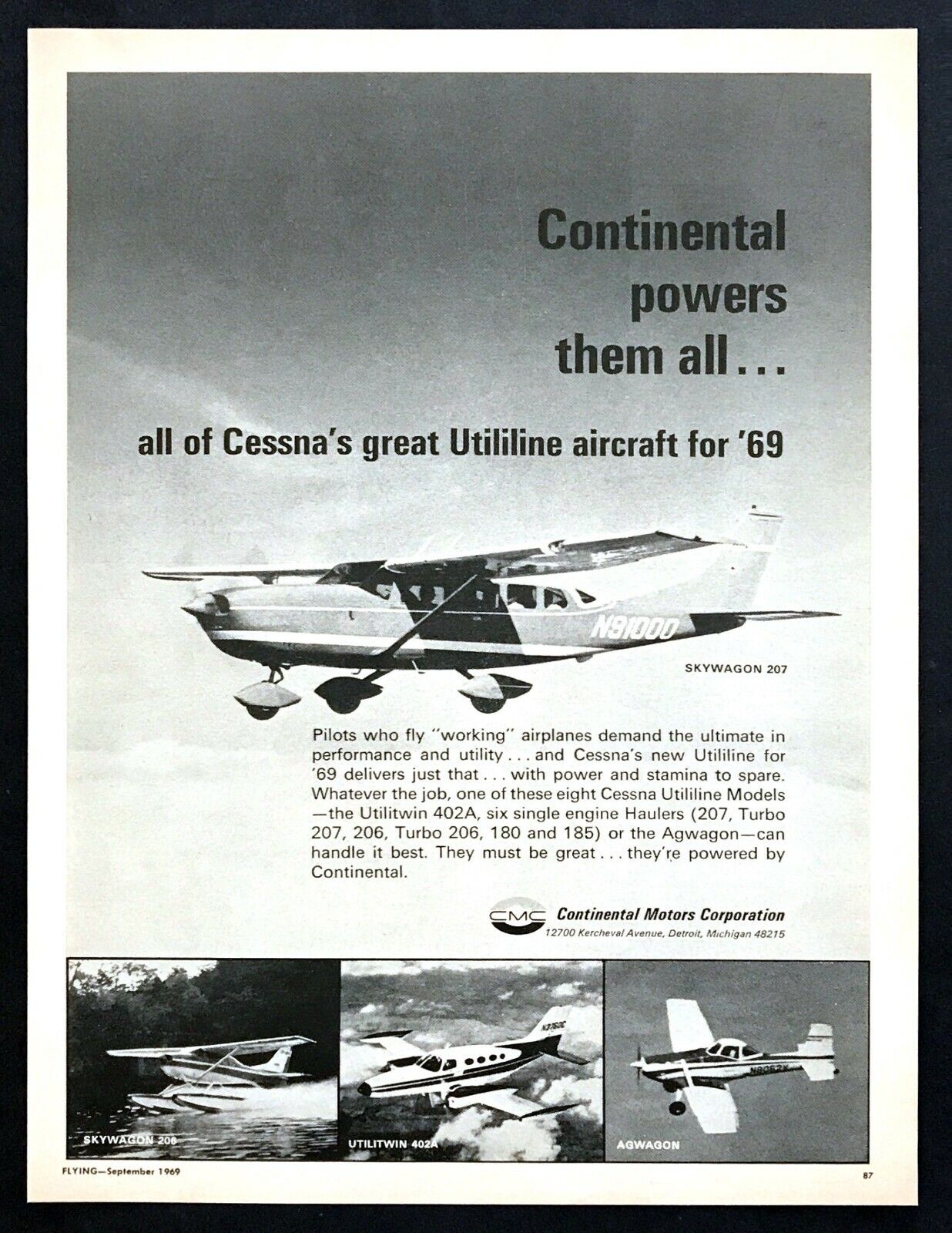 1969 Cessna Utililine Skywagon 207 Airplane photo Continental Motors print ad