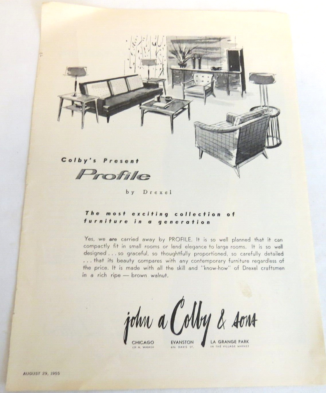 Colby\'s Present Profile by Drexel 1955 MCM Furniture Advertising Print Ad VTG