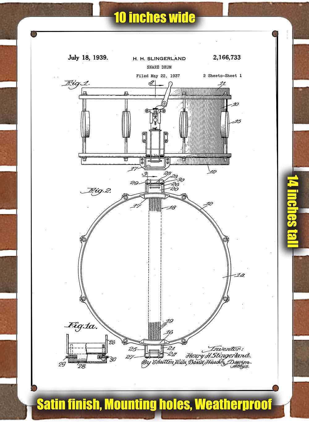 Metal Sign - 1939 Slingerland Snare Drum Patent- 10x14 inches