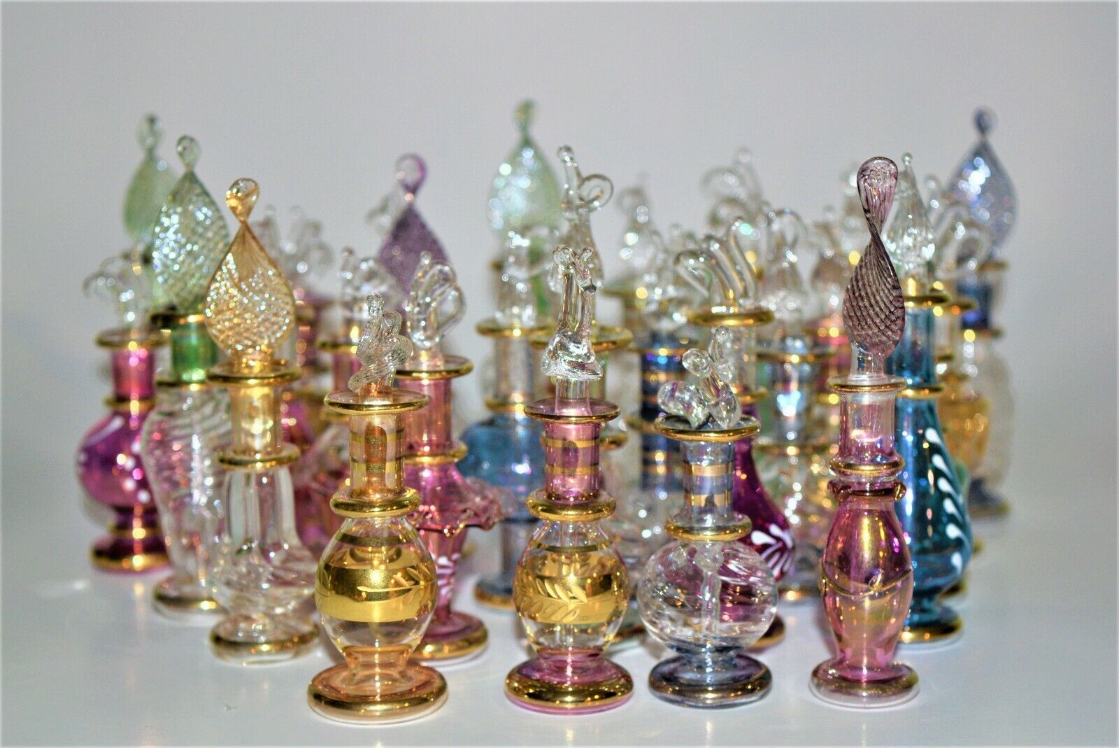 Miniature, Egyptian Hand-blown Glass Perfume Bottles, 14 k Gold Trim, Set of 5