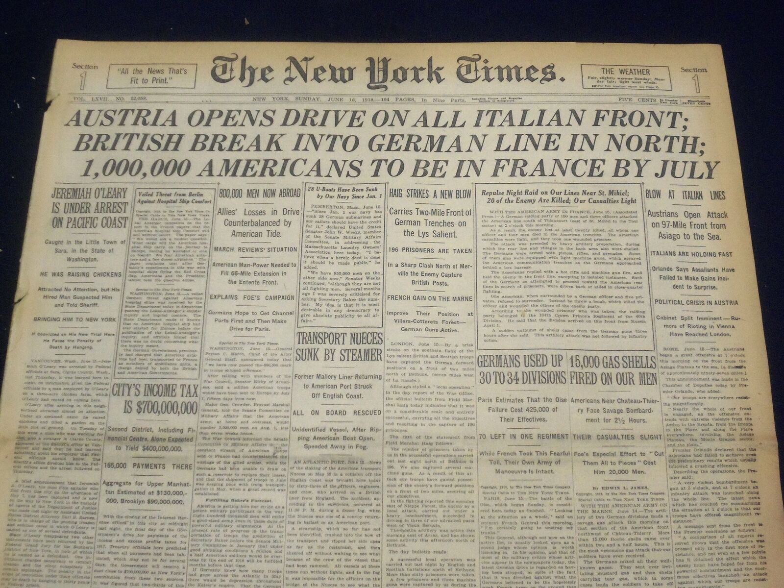 1918 JUNE 16 NEW YORK TIMES-1,000,000 AMERICANS TO BE IN FRANCE BY JULY- NT 9088