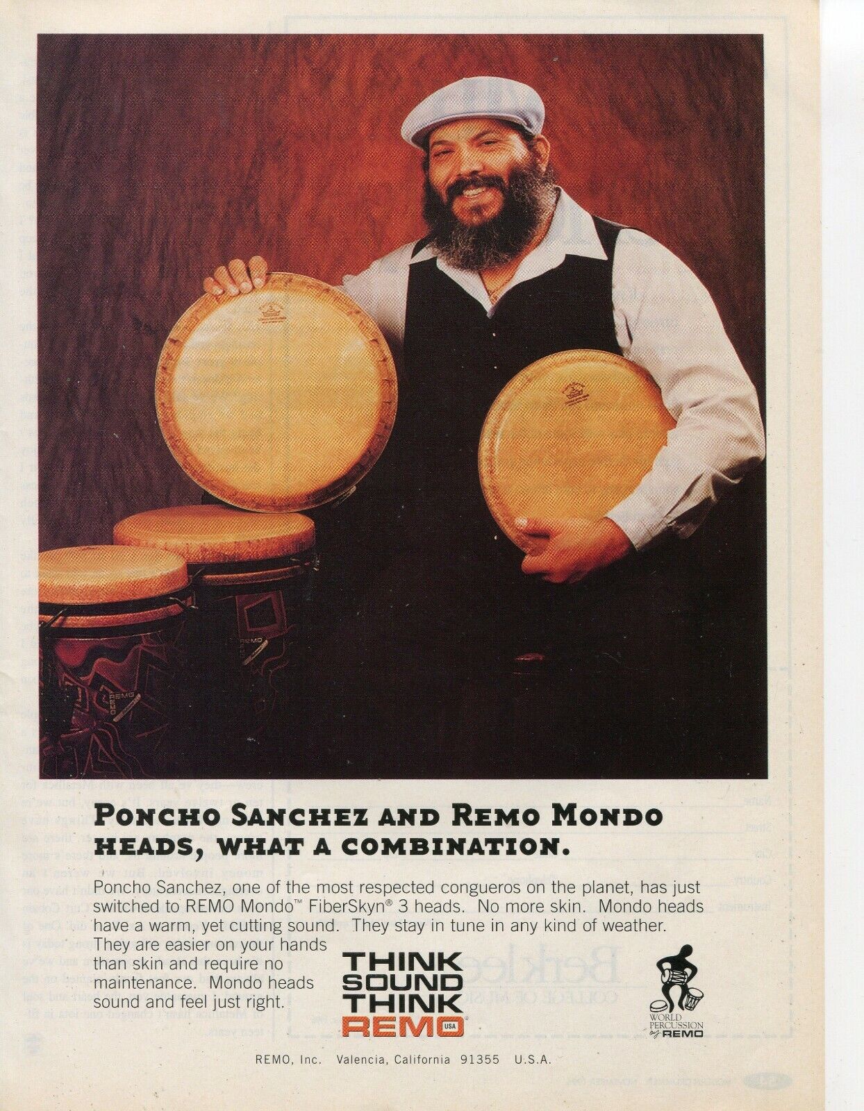 1996 Print Ad of Remo Mondo Drum Heads w Poncho Sanchez