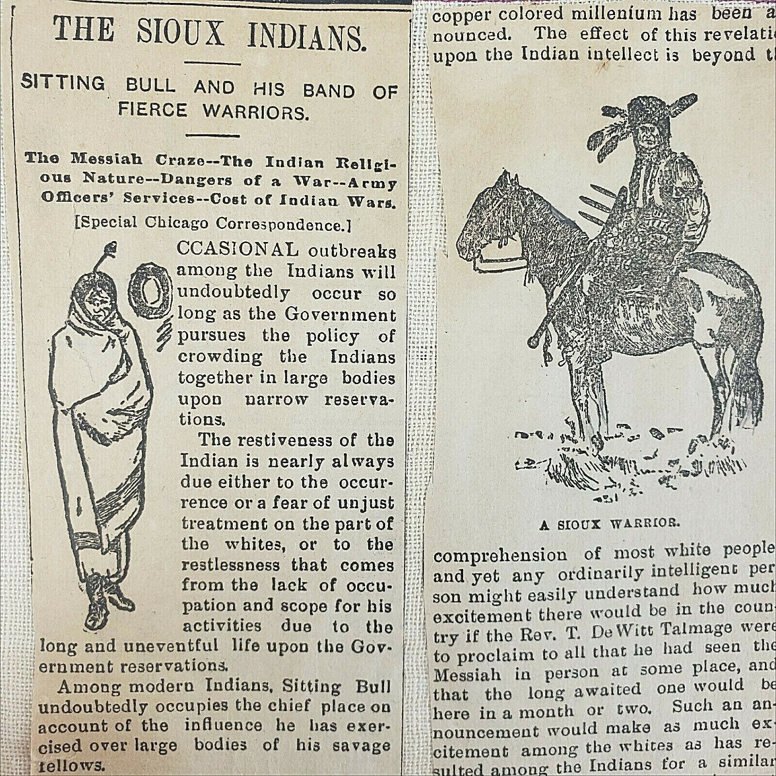 Sioux Indian Wars Newspaper Clipping 1880s Sitting Bull Warriors Chicago Native