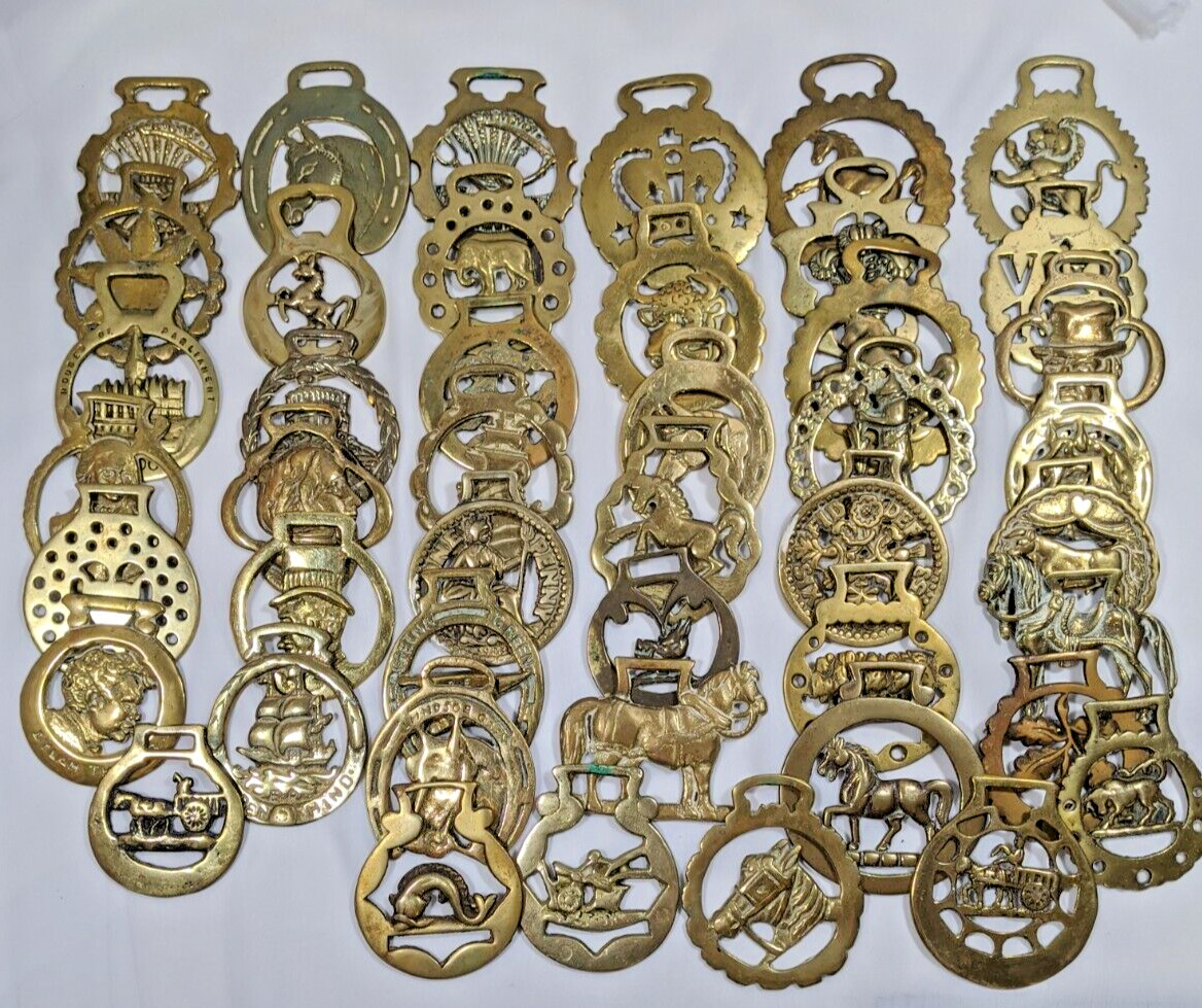 Brass Horse Medallion Lot of 43 Antique to Vintage Horseshoe Job Lot As Is TLC