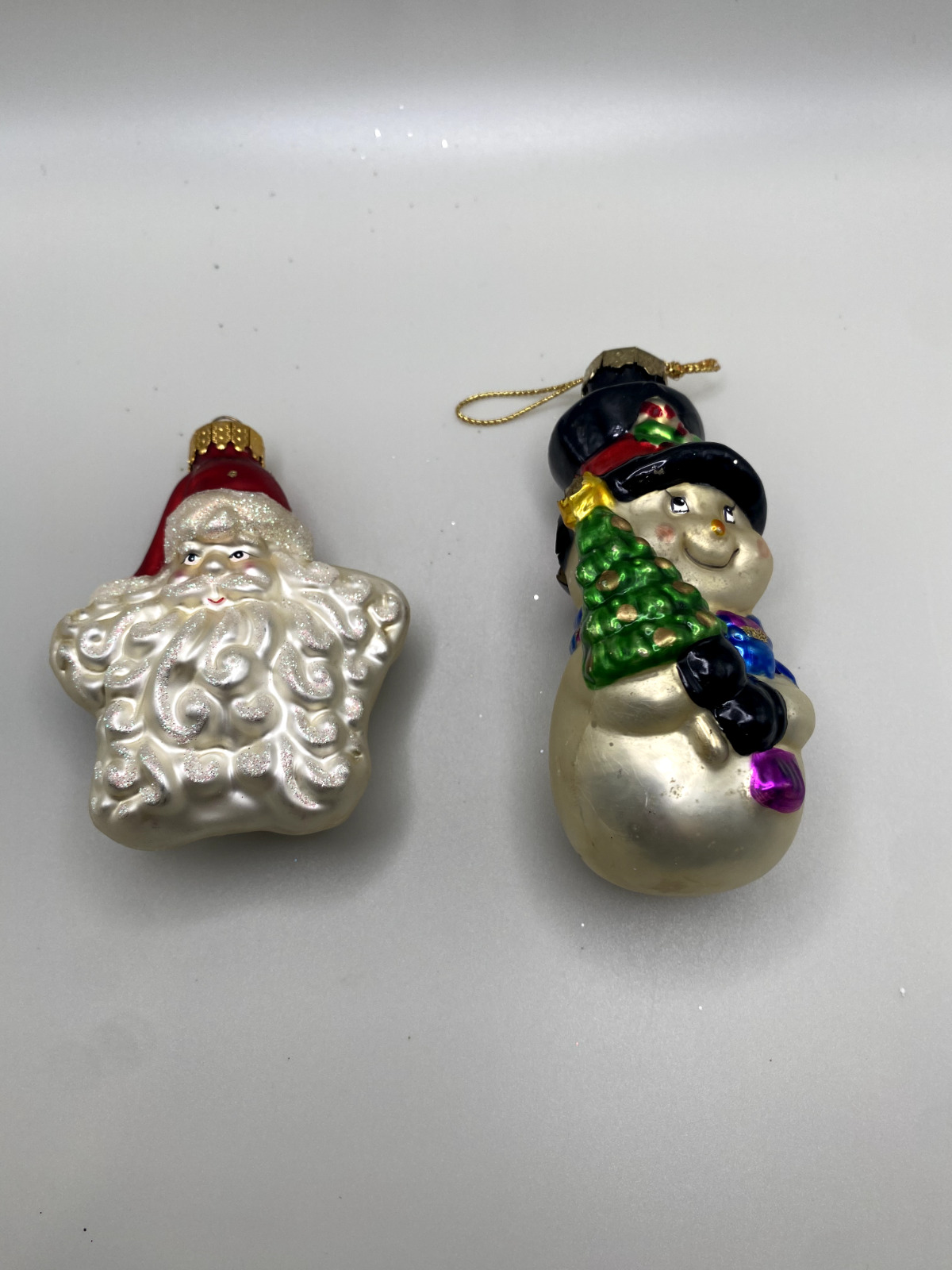 Vintage Blown Glass Star Santa Beard  Glitter and Snowman Christmas Ornament