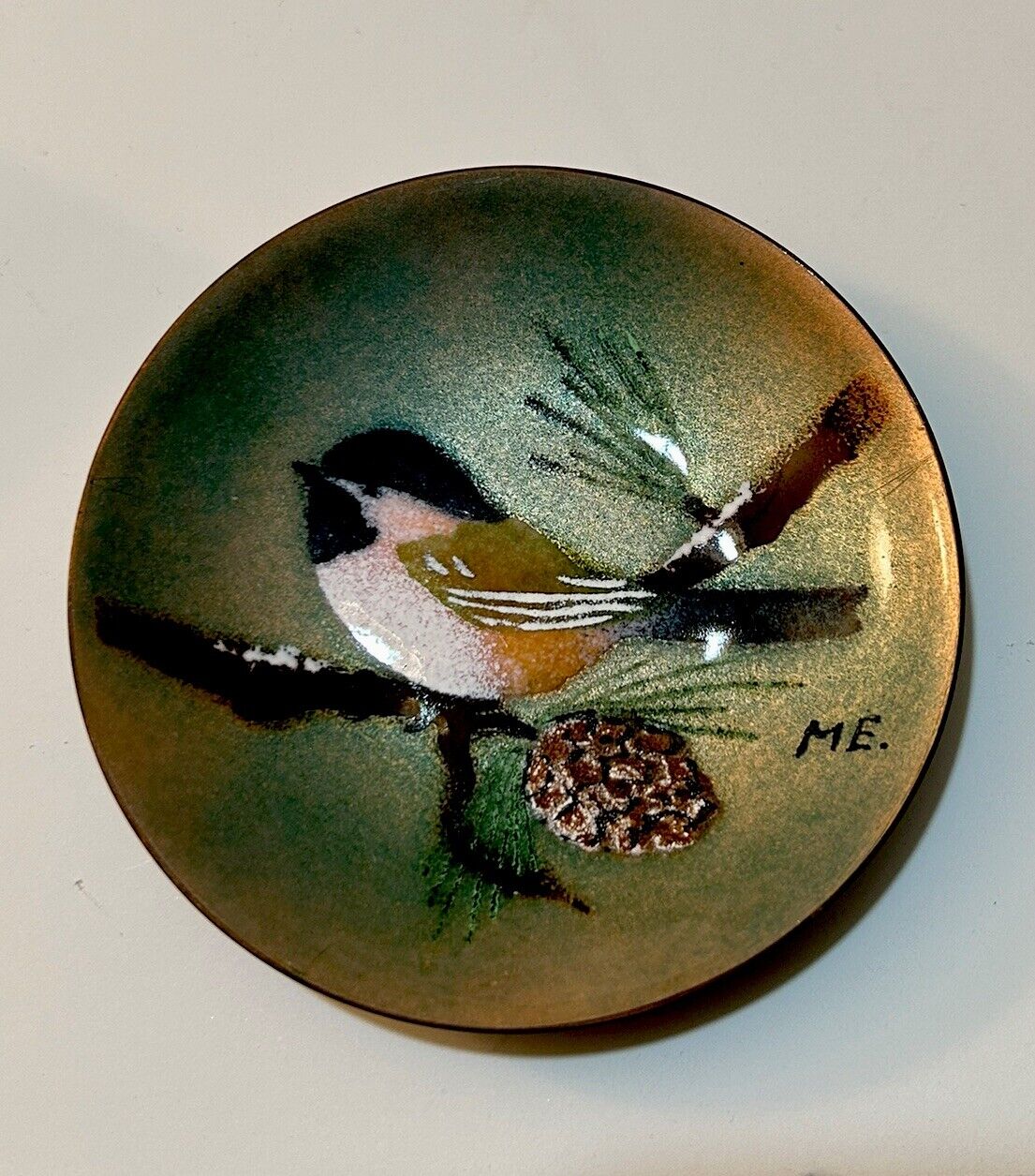 Bovano of Cheshire Ct. Handcrafted Enamel on Copper Plate VTG MCM Chicadee Bird