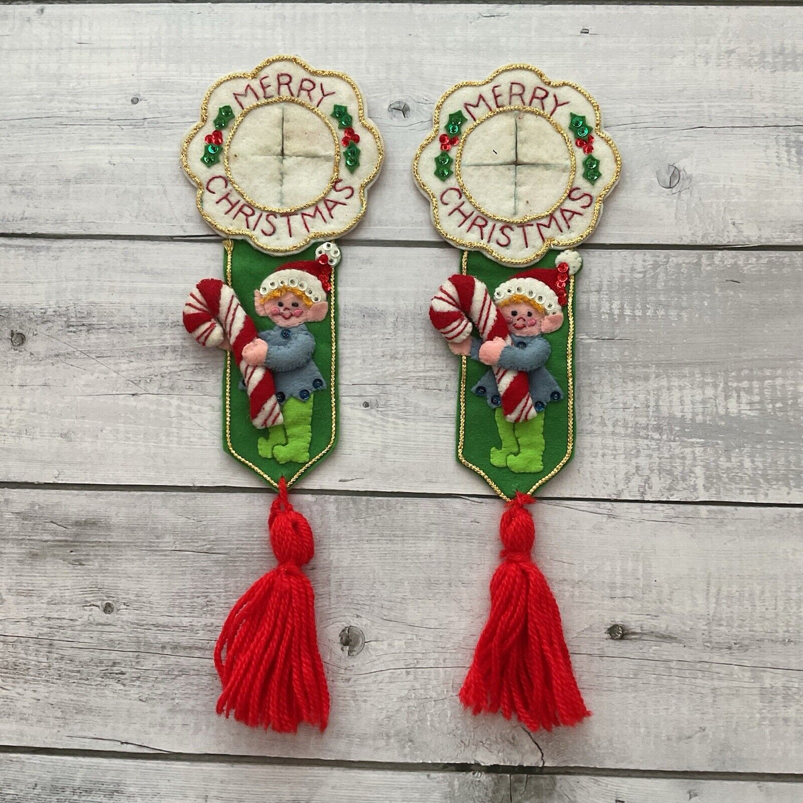 VTG Christmas Felt Doorknob Ornaments Elf Candy Cane Handmade Sequins Set Of 2 