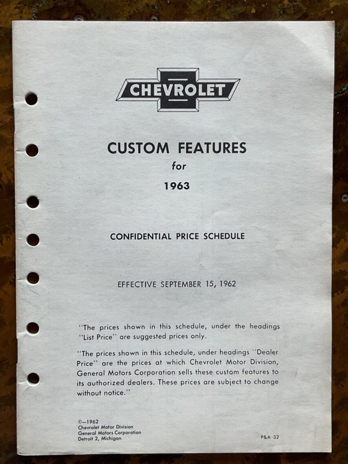Original 1963 Custom Features Confidential Price Schedule mint condition