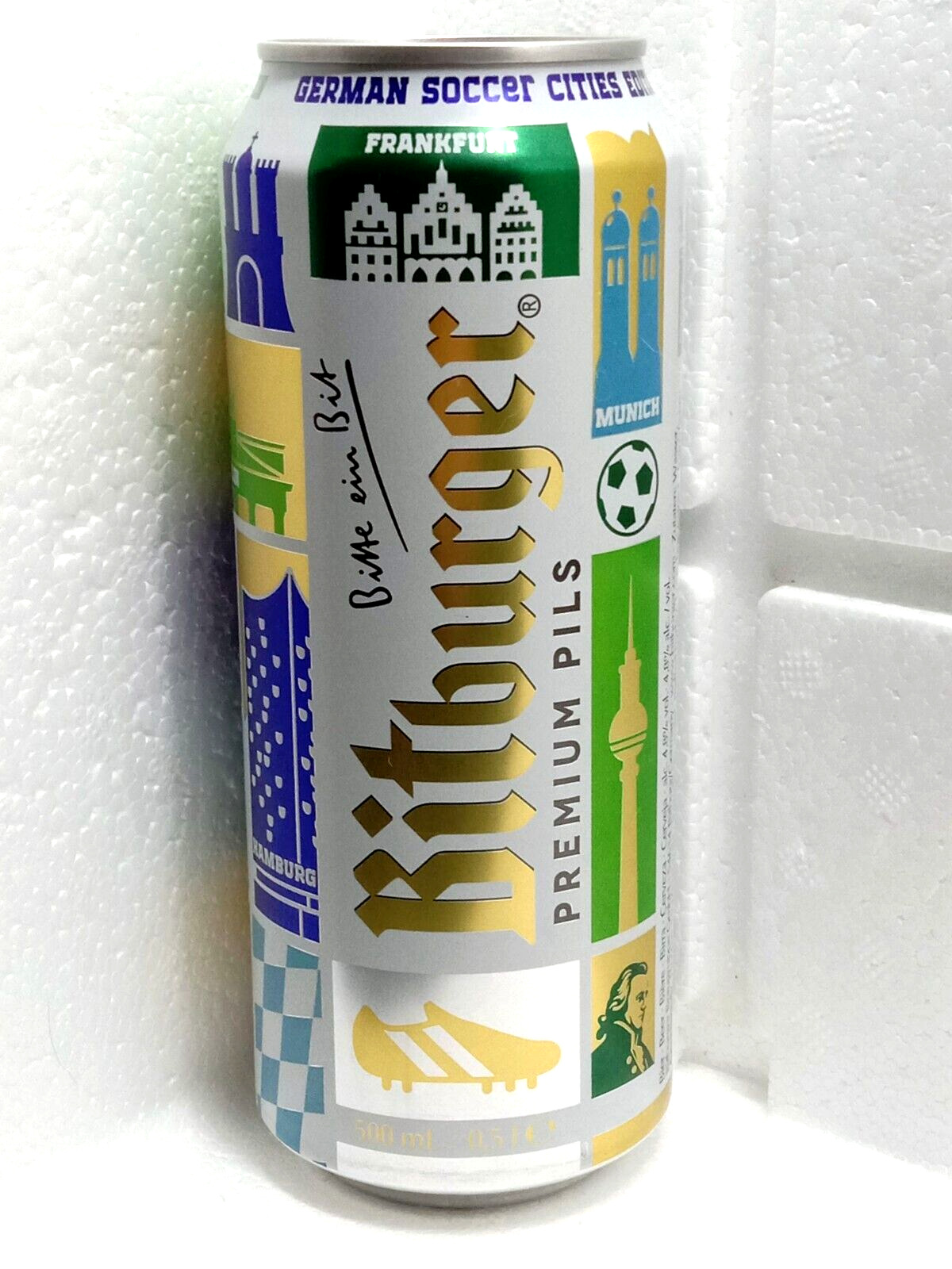 Empty Beer Can Bitburger German Soccer Cities Edition 500 ml. Germany 2024 Open