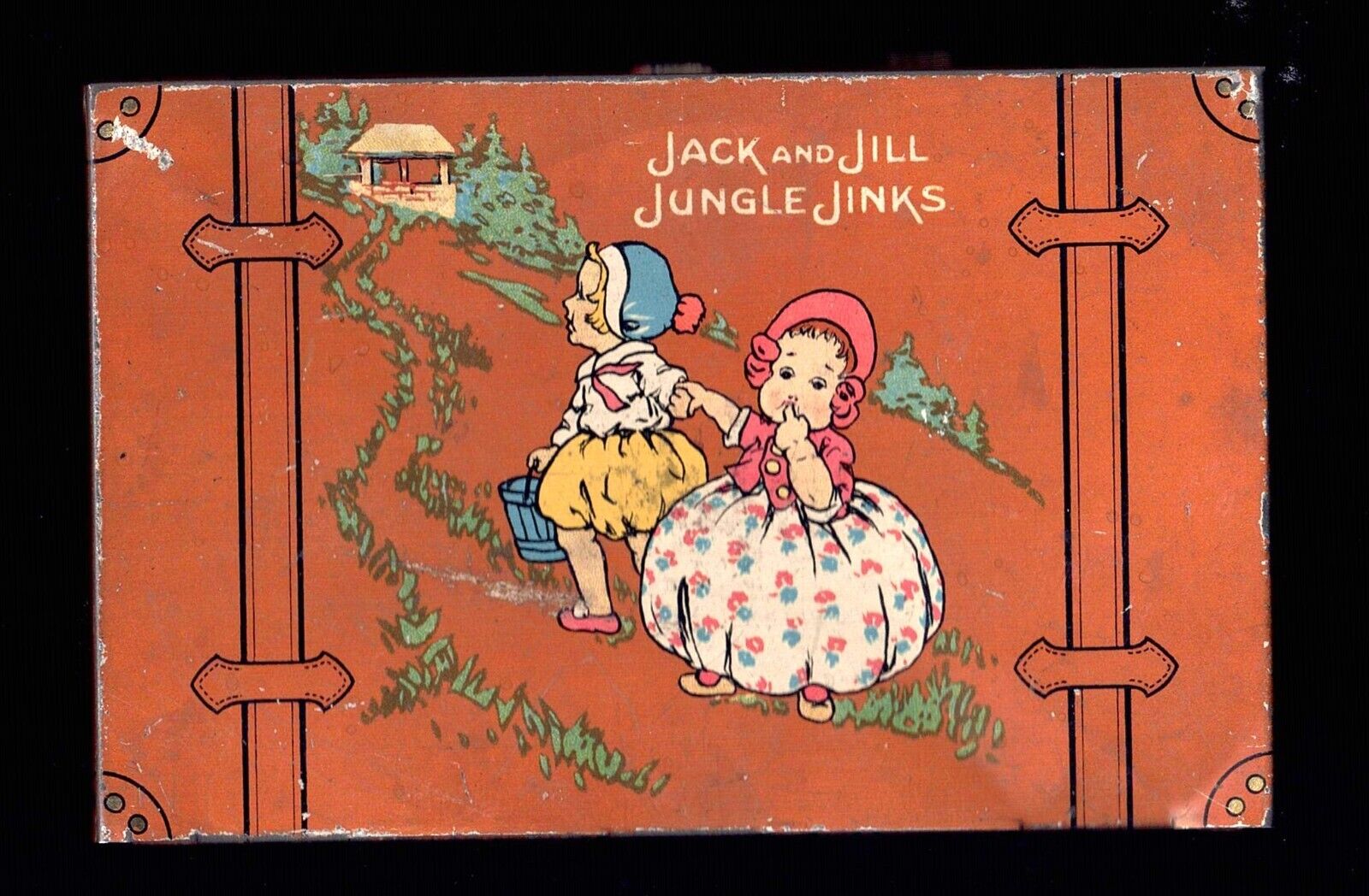 ANTIQUE VTG 1920 TIN LITHO MINIATURE SUITCASE, JACK N JILL CANDY CONTAINER box