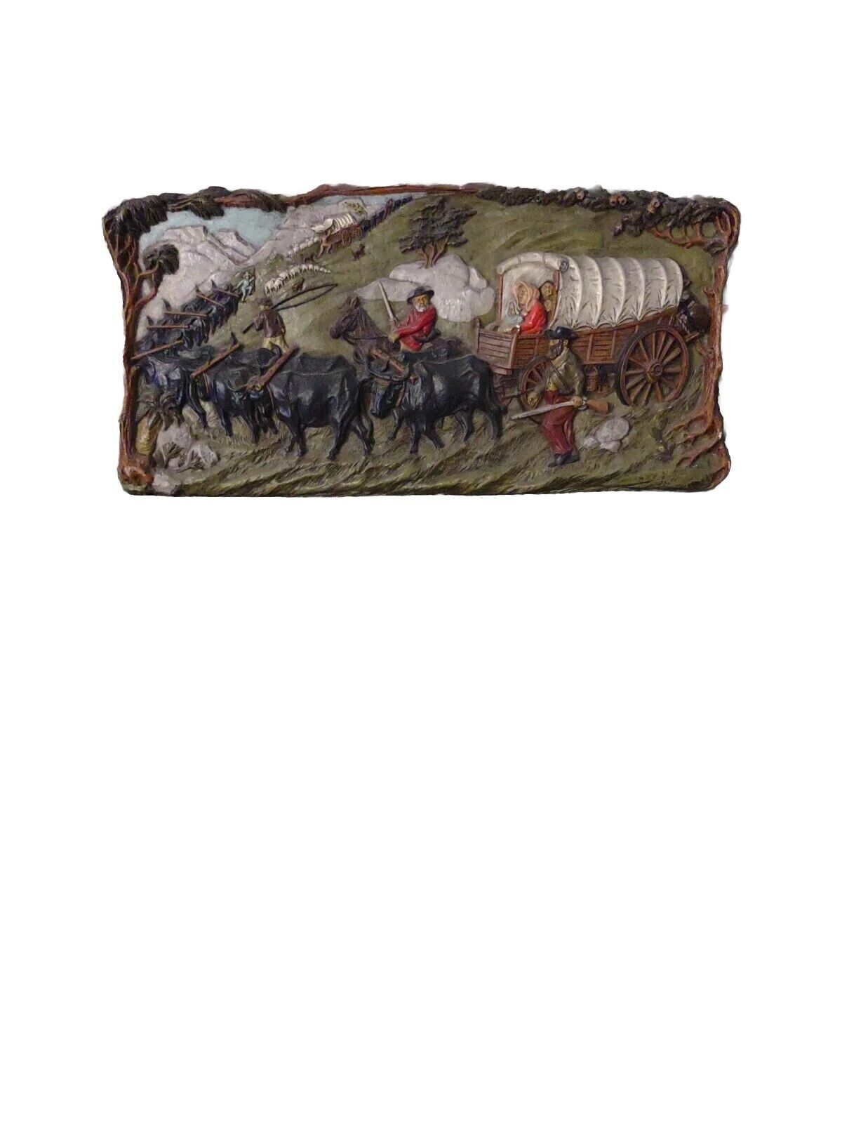 Vintage Chalkware Western Wagon Train 3D Mountains 50\'s 60\'s Frontier Ox.