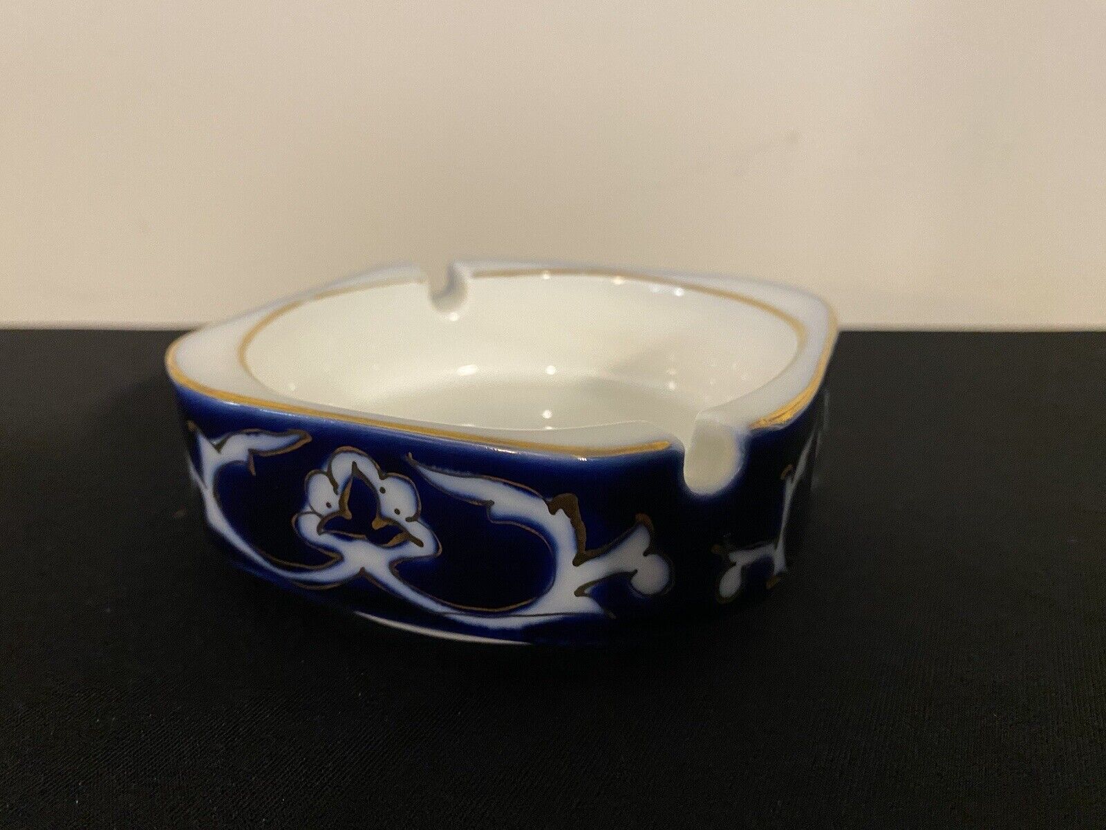 Vintage Ceramic Blue Ivory Gold Glazed Ashtray