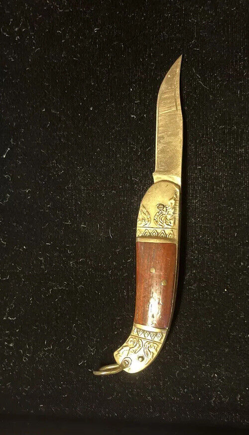 Old Rare Thai Bronze/Sandalwood Folding Knife Pocket Fruit Camp Emboss Lever