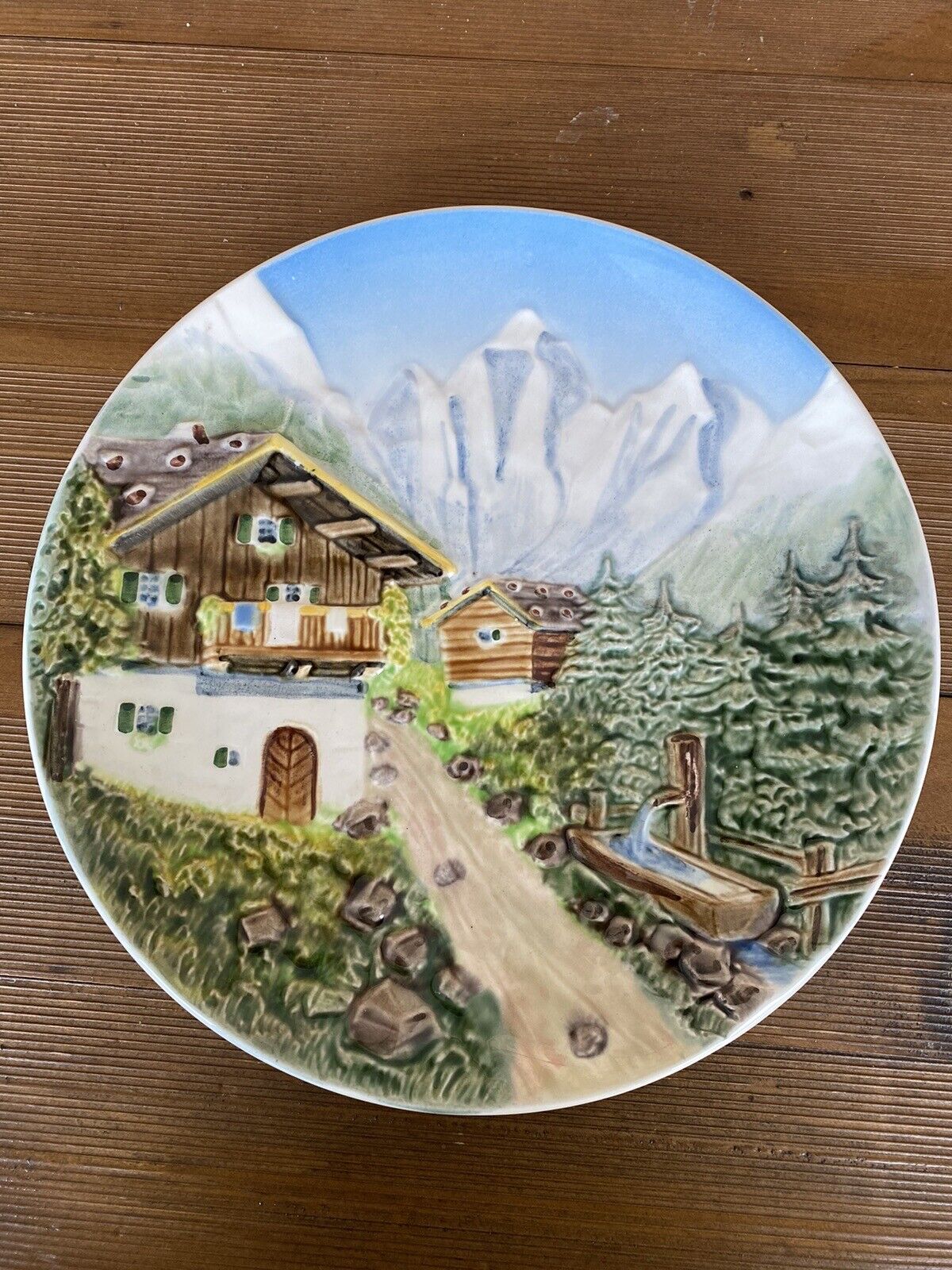 Vtg West German Plate With Mountain Chalet In Raised Relief