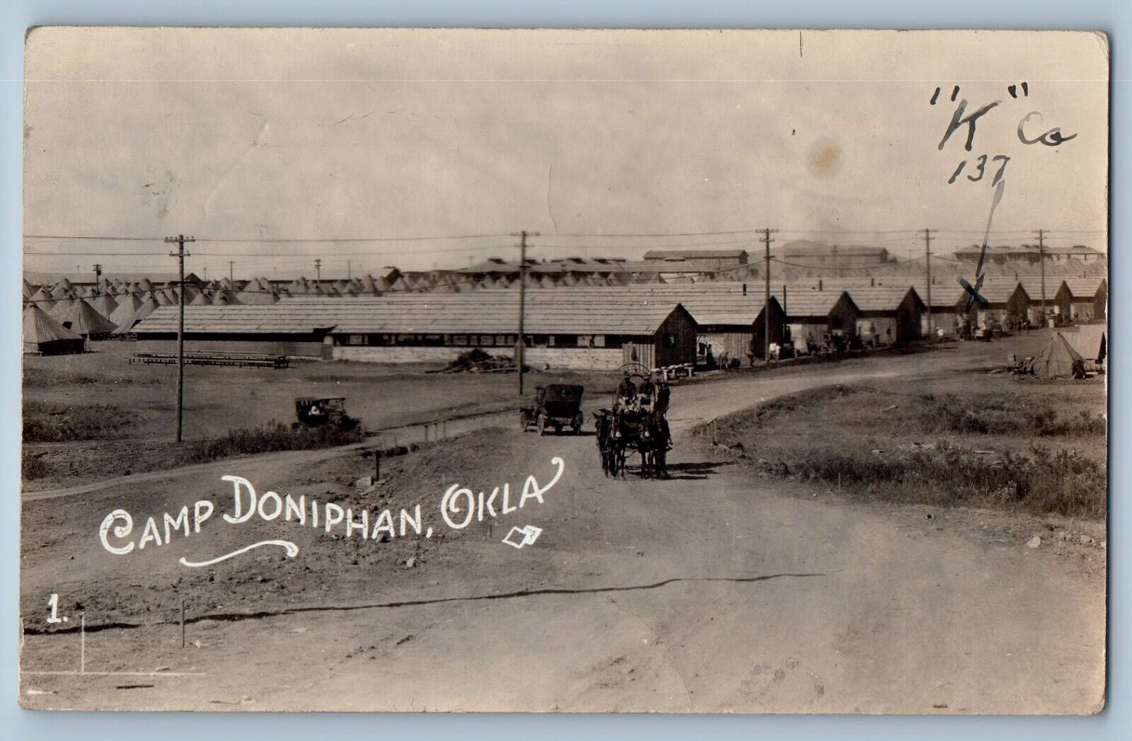 Lawton Oklahoma OK Postcard RPPC Photo Camp Doniphan Cars Dirt Road 1917 Antique
