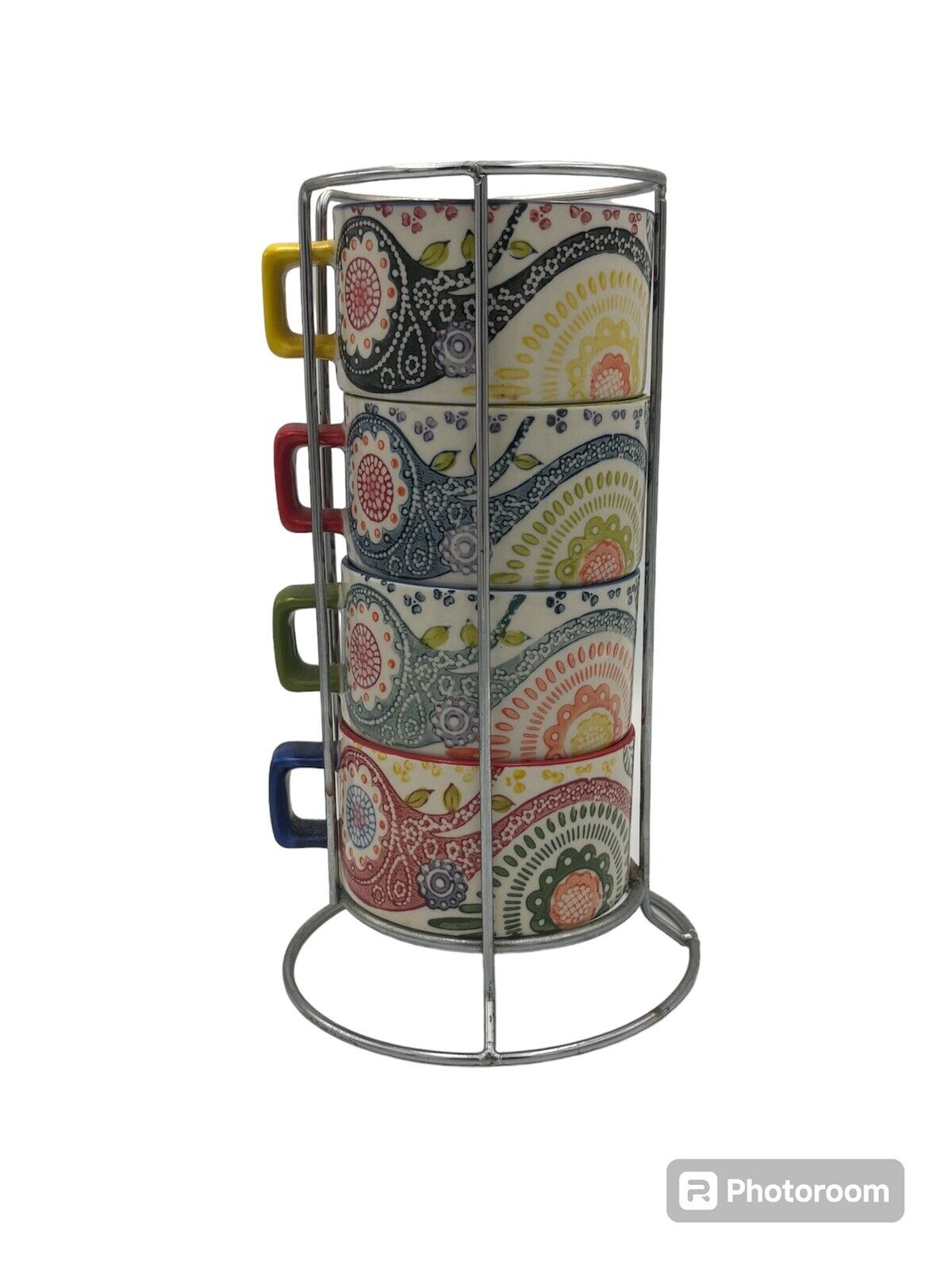 Pier 1 Imports Stacking Coffee Mugs Cups Multicolor w Stand Boho Retro Set of 4