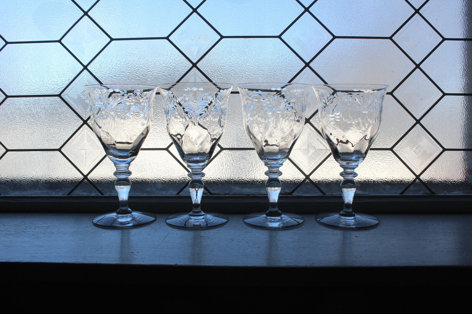 4 Antique Hawkes Cut Crystal Wine Goblets Flower & Swag with 6030 Stem