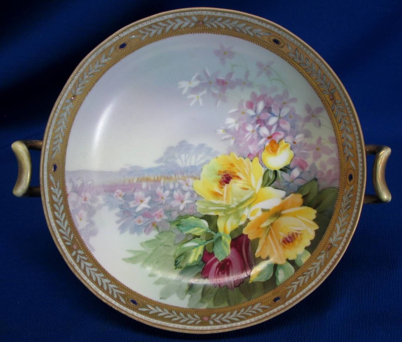 HAND-PAINTED NIPPON RED & YELLOW ROSES SCENIC PEDESTAL HANDLED BOWL
