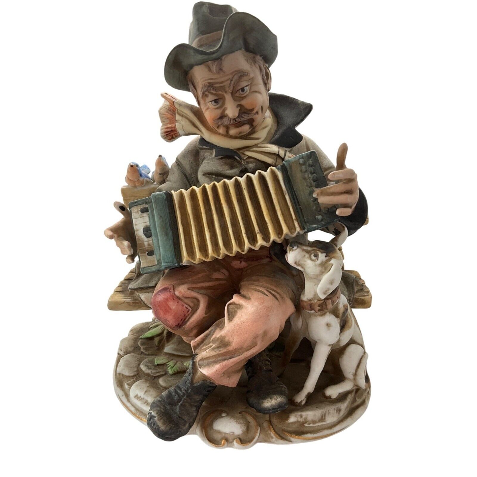 Vintage Porcellane D'arte Figurine Accordion Player with dog and birds in Bench