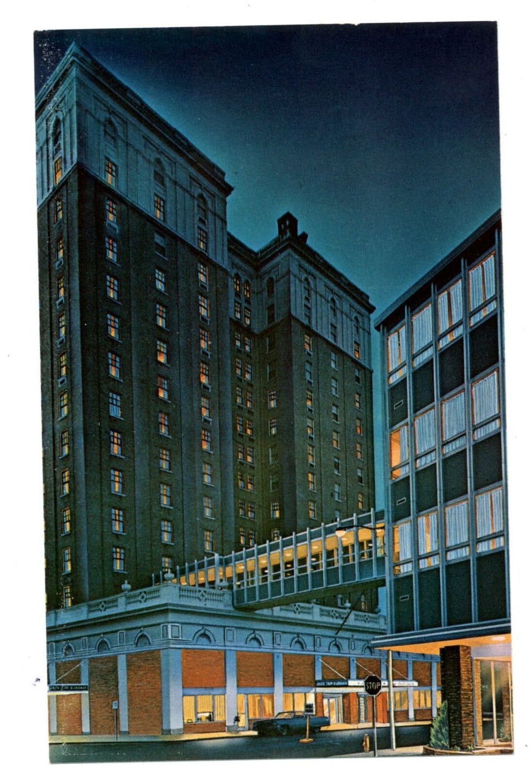 Durham North Carolina Hotel Skywalk Night 1960s convertible classic car postcard