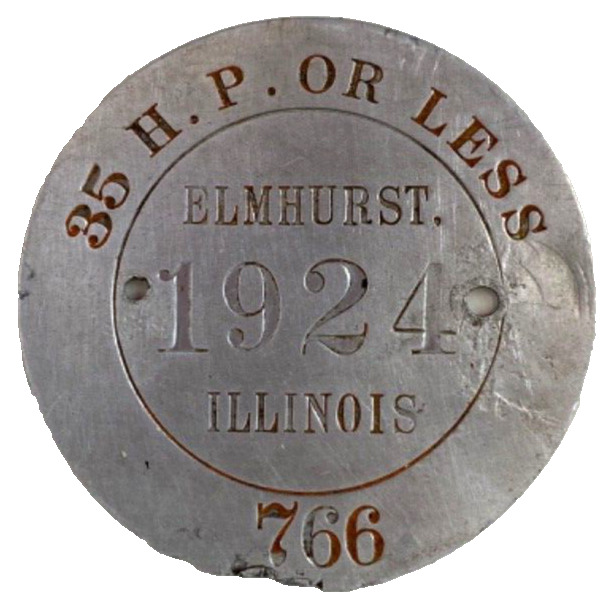 Vintage Elmhurst Illinois 1924 Dashboard Disc 35 HP Or Less 766 Tax License