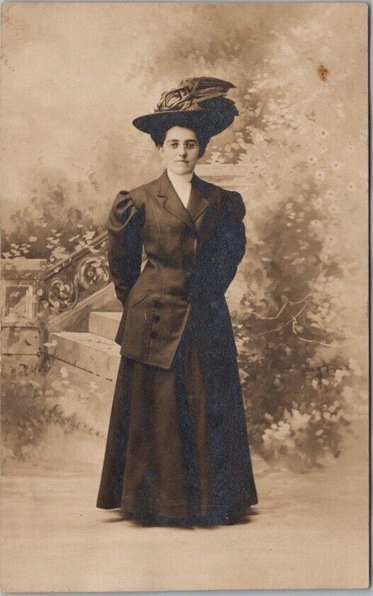 Vintage 1910s Studio Photo RPPC Postcard Young Woman / Glasses / Fashion / Hat