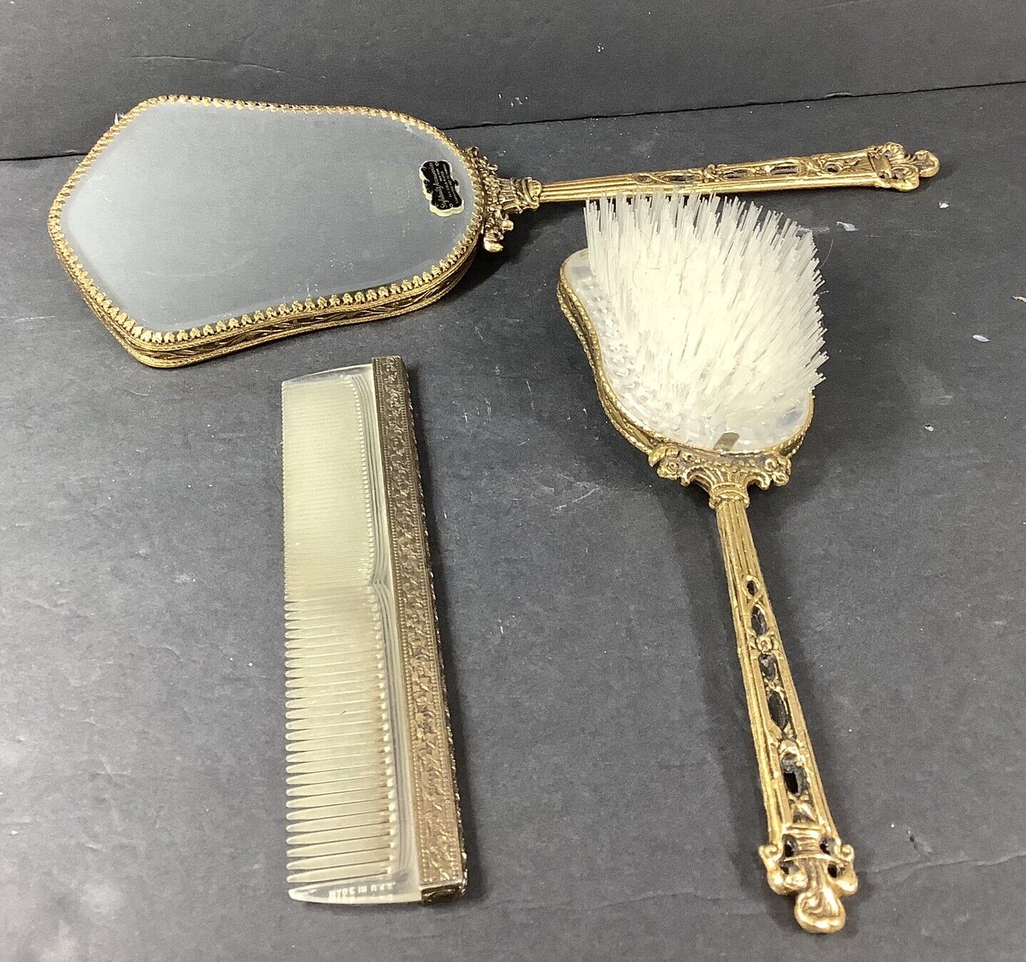 Vintage Stylebuilt Accessories 24K GOLD PLATED New York  Rose Mirror Brush Set