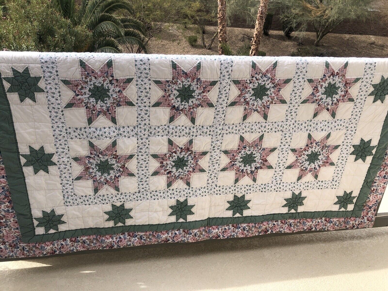 vtg ooak hand made star motif chabby chic quilt bed spread 82x56 queen