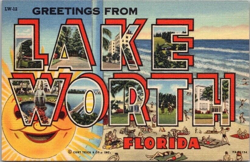 LAKE WORTH, Florida Large Letter Postcard Bathing Beach Scene / Curteich Linen
