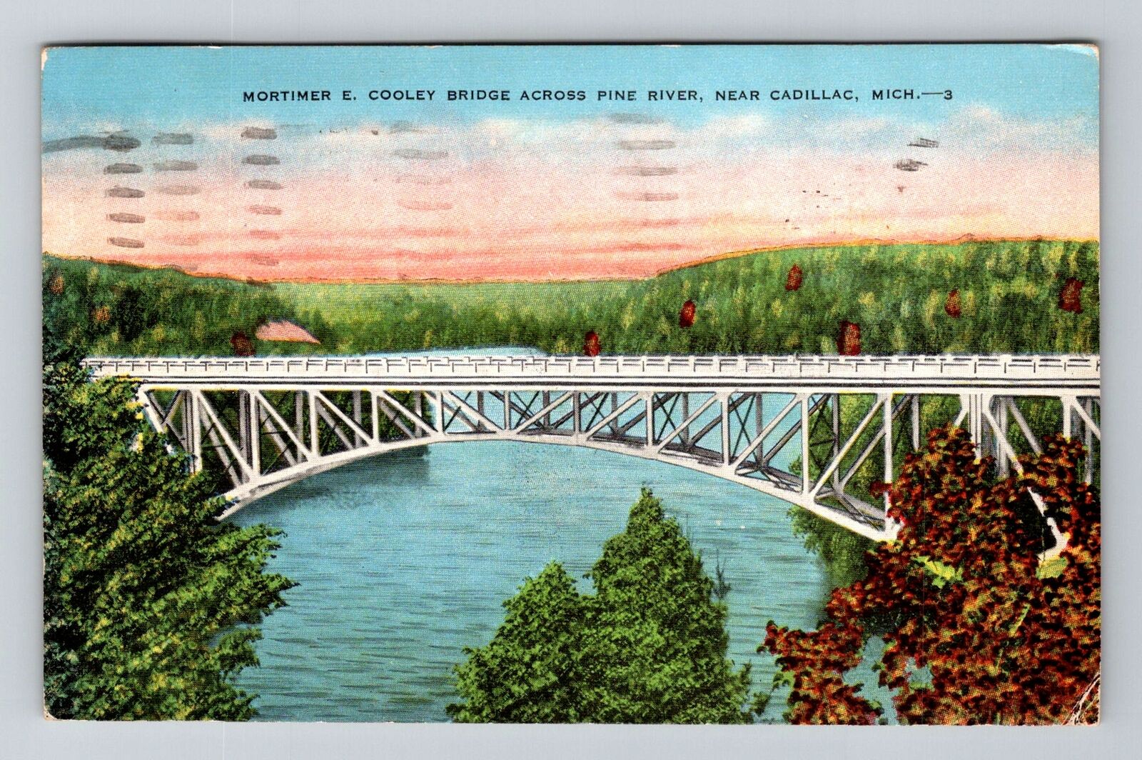 Cadillac MI-Michigan, Mortimer E Cooley Bridge, Pine River, Vintage Postcard