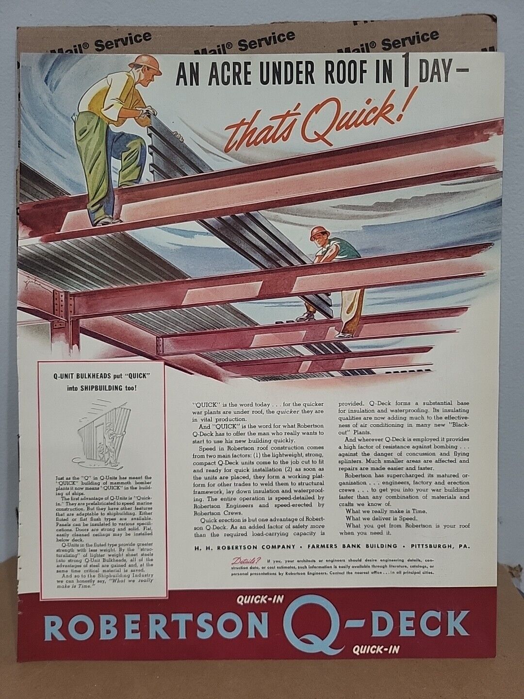 1942 Robertson Q-Floors Fortune WW2 Print Ad Q4 Quick Roof Construction Beams