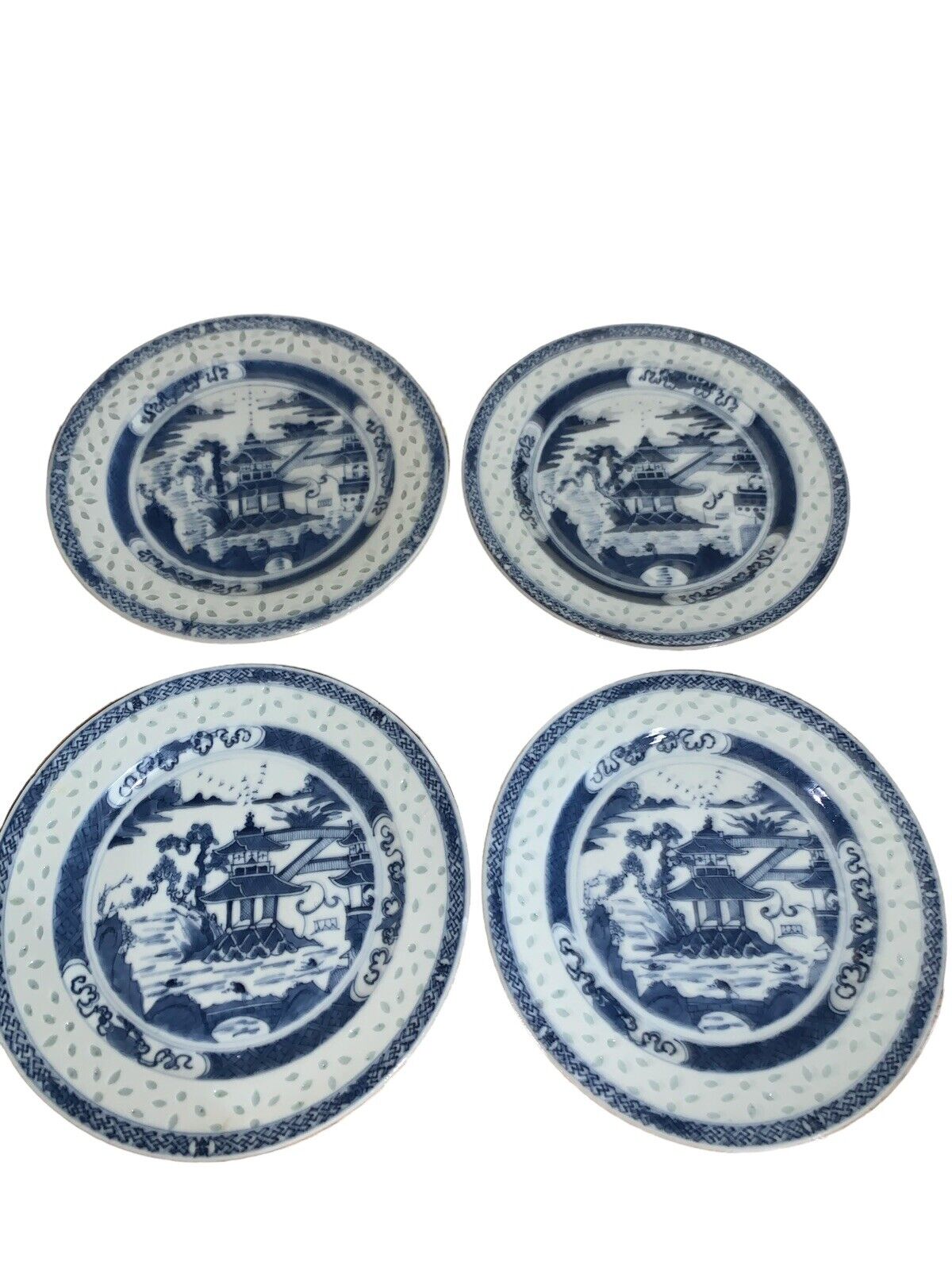 Set Of 4 Antique Chinese Rice-Grain Pagoda Porcelain Plates Blue & White READ