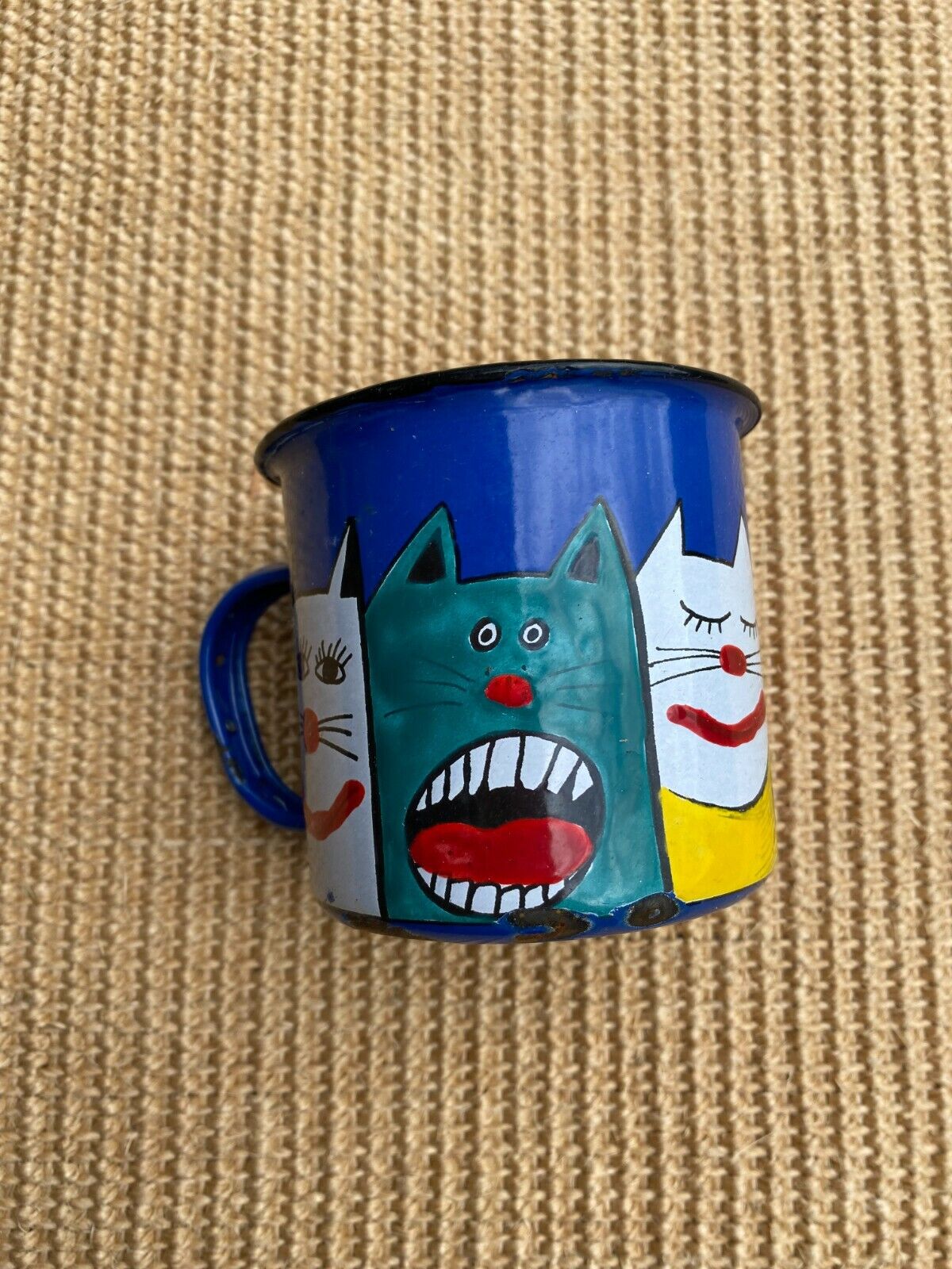 AS IS Smaltum Marketa Novotna Blue Enamelware Mug Cup w Funny Cats Cat Faces