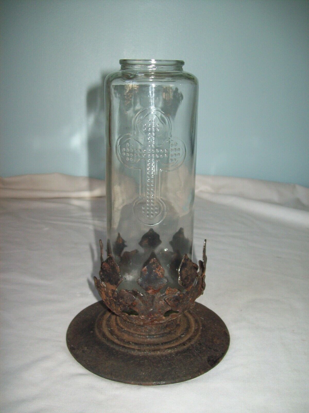  7 day prayer religious candle glass holder  w/  embossed cross and iron base 
